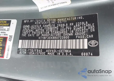 2011 Toyota Camry Le из США, поврежденный, VIN 4T1BF3EK8BU723900